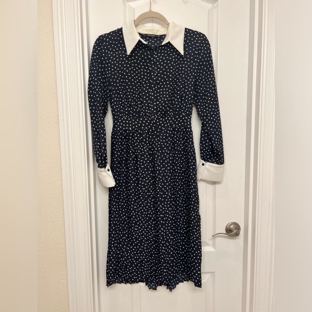 ZARA basics LIMITED! Women’s polka dot navy blue pleated long sleeve dress